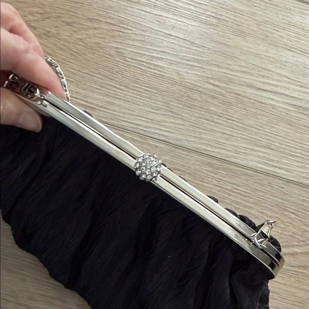Neiman Marcus Elegant Black Evening Clutch with Silver Chain